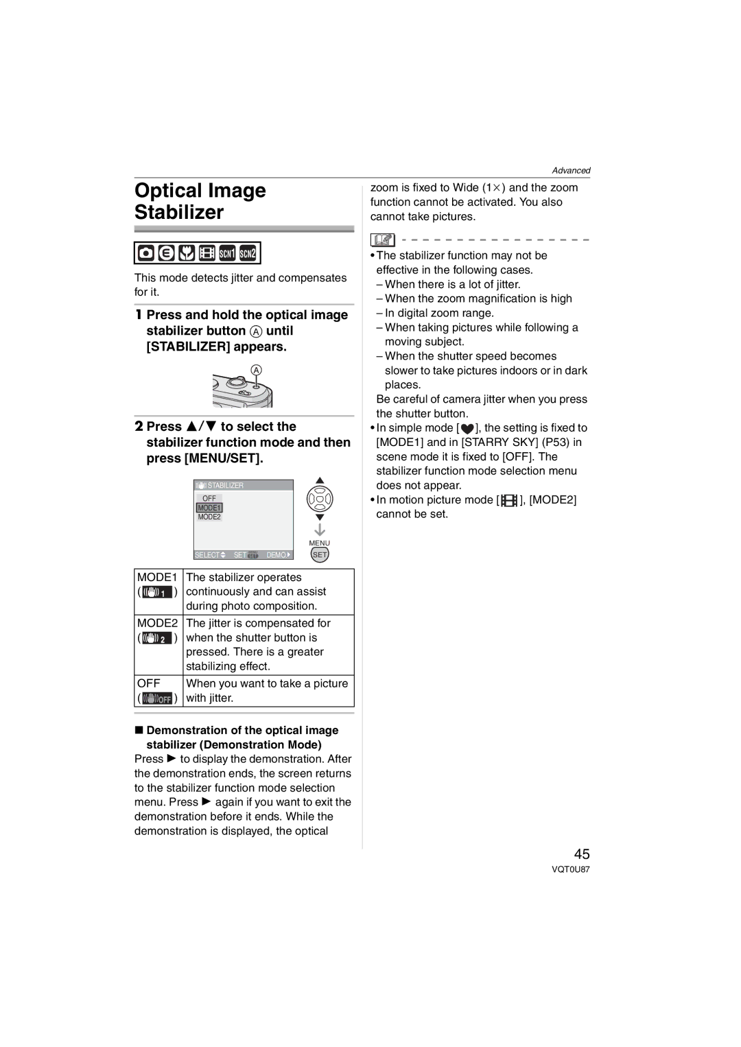 Panasonic DMCLZ3S, DMC-LZ5 Optical Image Stabilizer, This mode detects jitter and compensates for it, Stabilizer operates 