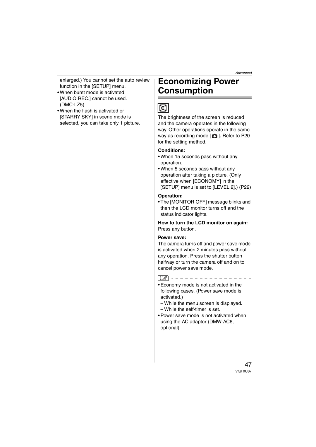 Panasonic DMC-LZ4, DMC-LZ5 Conditions, Operation, How to turn the LCD monitor on again, Press any button, Power save 