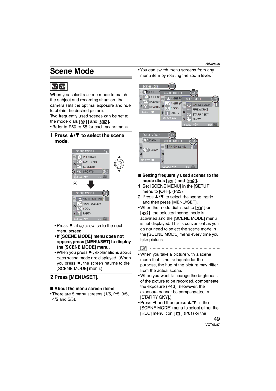 Panasonic DMC-LZ3 Scene Mode, Press 3/4 to select the scene mode, There are 5 menu screens 1/5, 2/5, 3/5, 4/5 and 5/5 