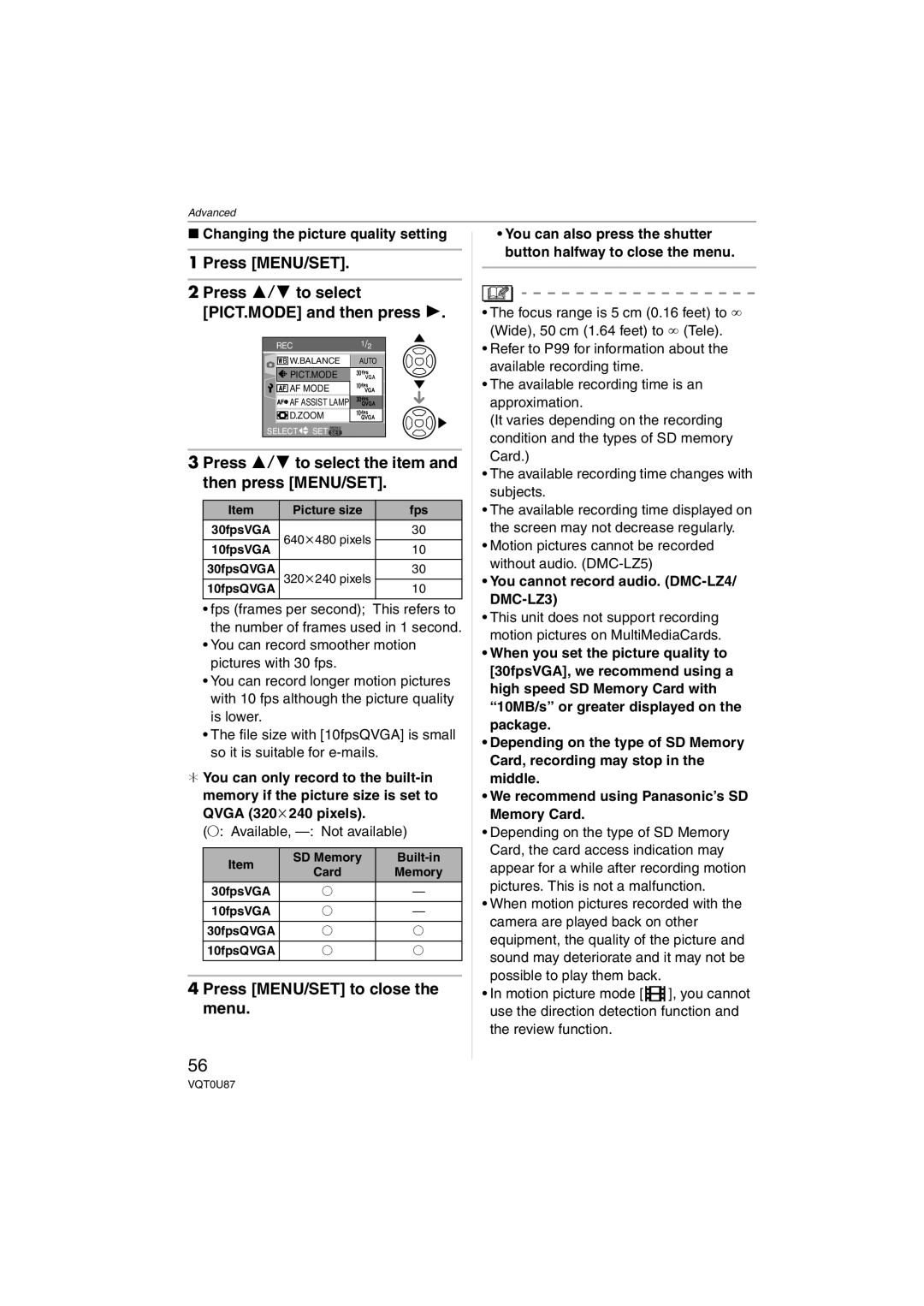 Panasonic DMCLZ5S Press MENU/SET Press 3/4 to select PICT.MODE and then press, Changing the picture quality setting 