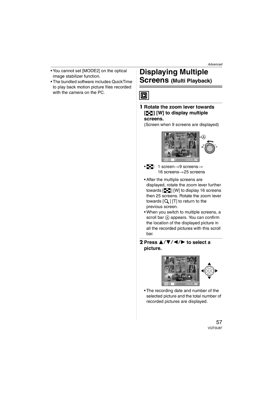 Panasonic DMCLZ3S, DMC-LZ5, DMC-LZ3 Displaying Multiple, Rotate the zoom lever towards W to display multiple screens 