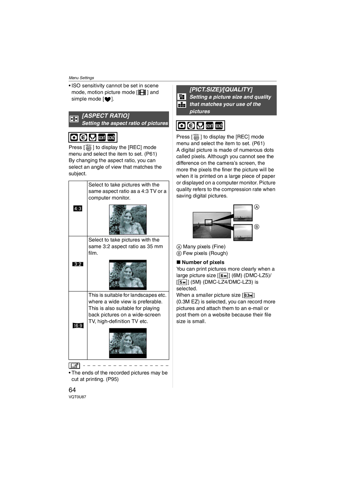 Panasonic DMCLZ5K, DMC-LZ5, DMC-LZ3 Aspect Ratio, Pict.Size/Quality, Setting the aspect ratio of pictures, Number of pixels 