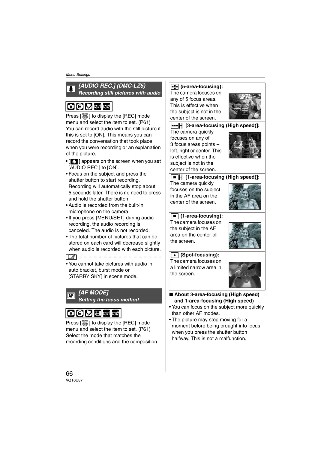 Panasonic DMC-LZ3, DMCLZ5S Audio REC. DMC-LZ5, AF Mode, Recording still pictures with audio, Setting the focus method 