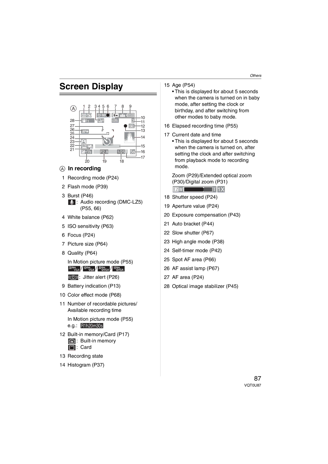 Panasonic DMCLZ3S, DMC-LZ5, DMC-LZ3, DMCLZ5S, DMCLZ5K, DMC-LZ4 operating instructions Screen Display, Recording 