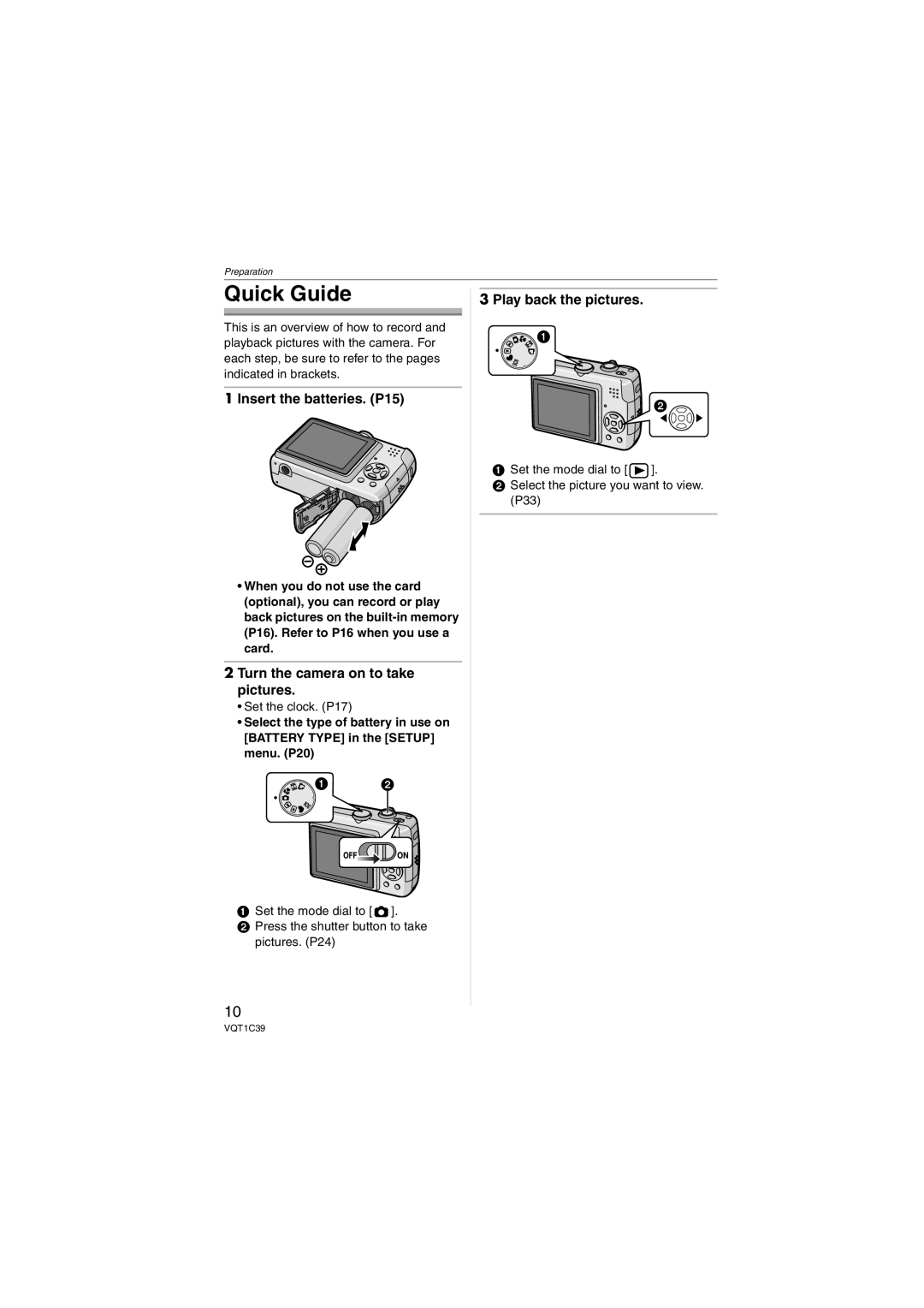 Panasonic DMC-LZ7 Quick Guide, Insert the batteries. P15, Turn the camera on to take pictures, Play back the pictures 