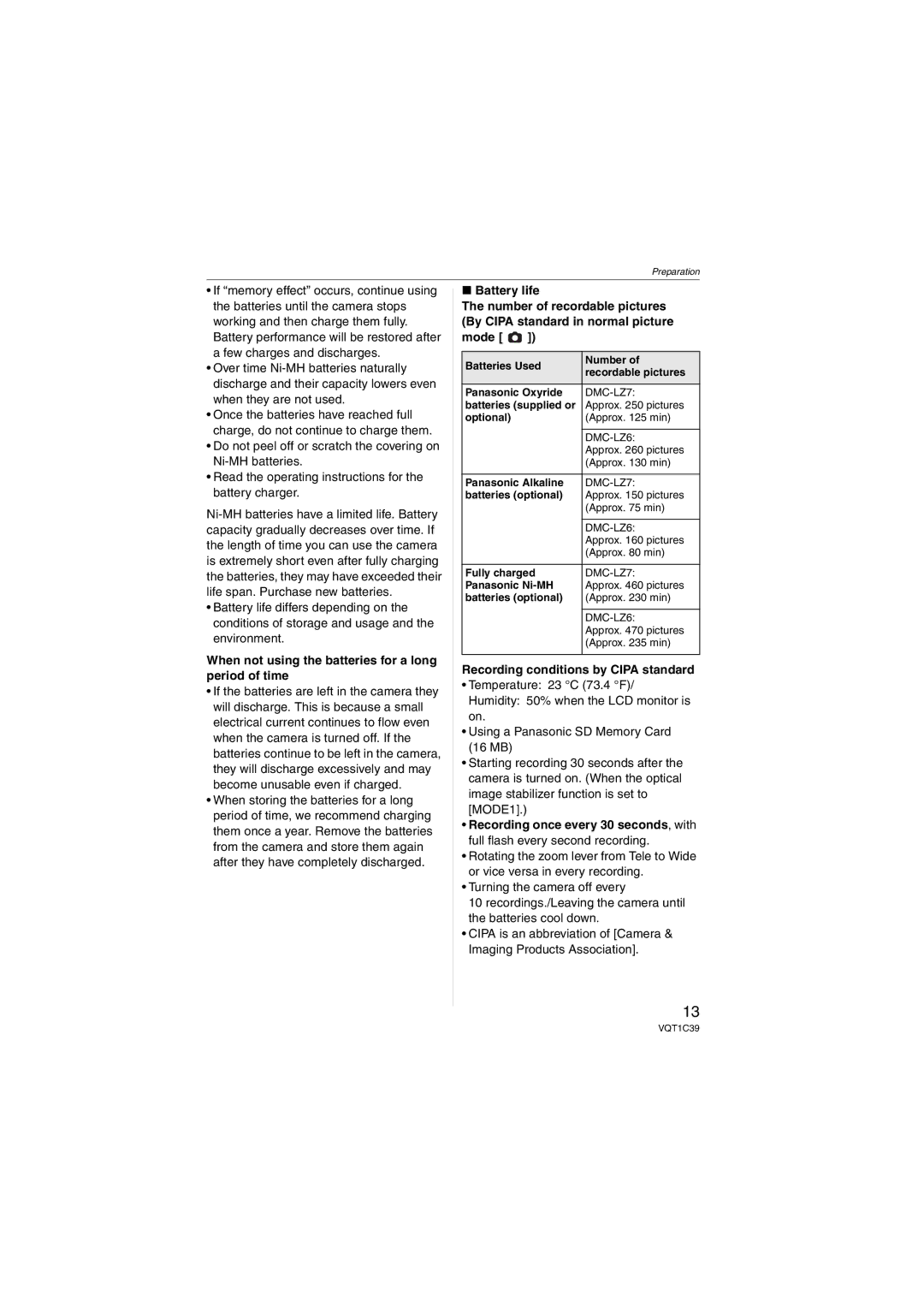 Panasonic DMC-LZ6, DMC-LZ7 When not using the batteries for a long period of time, Recording conditions by Cipa standard 