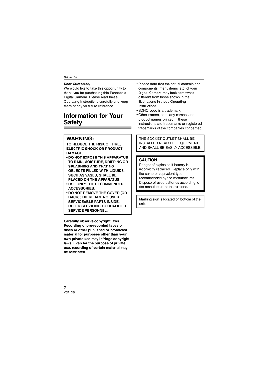 Panasonic DMC-LZ7, DMC-LZ6 Information for Your Safety, Dear Customer, Marking sign is located on bottom of the unit 