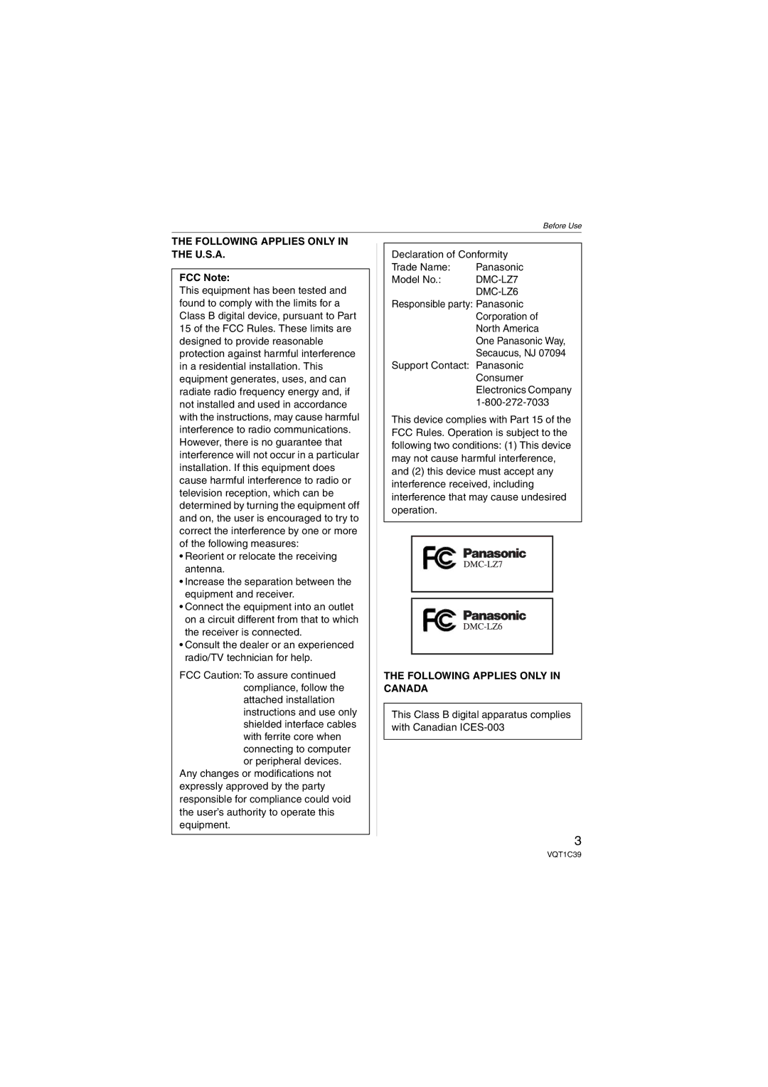 Panasonic DMC-LZ6, DMC-LZ7 Following Applies only in the U.S.A, FCC Note, Model No, Following Applies only in Canada 