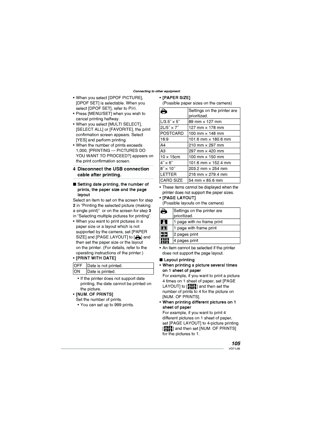 Panasonic DMC-LZ10, DMC-LZ8 operating instructions 105, Print with Date, NUM. of Prints, Paper Size, Layout 