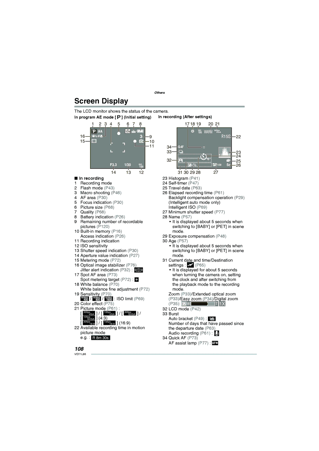 Panasonic DMC-LZ8, DMC-LZ10 operating instructions Screen Display, 108, Recording 