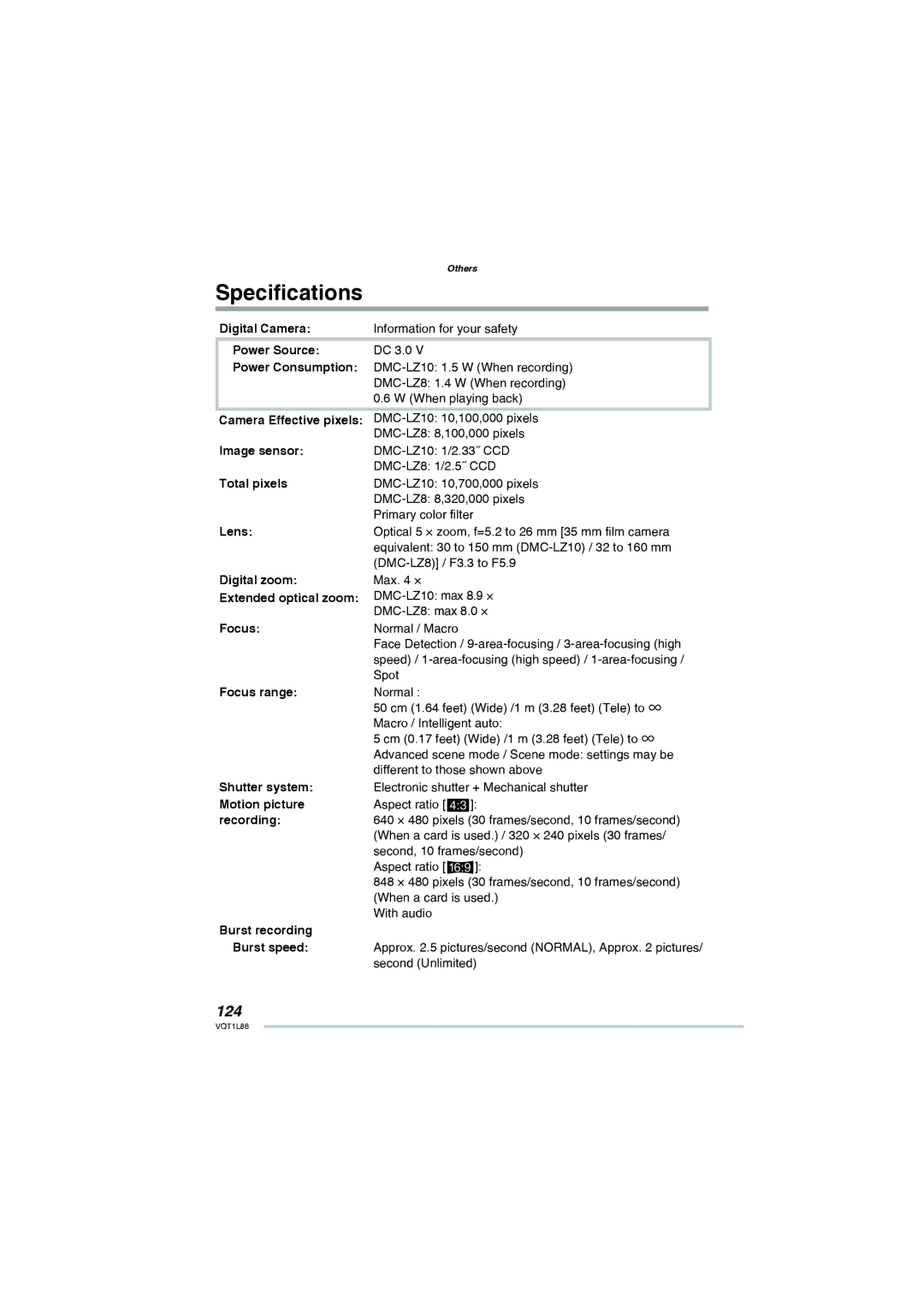 Panasonic DMC-LZ8, DMC-LZ10 operating instructions Speciﬁcations, 124 