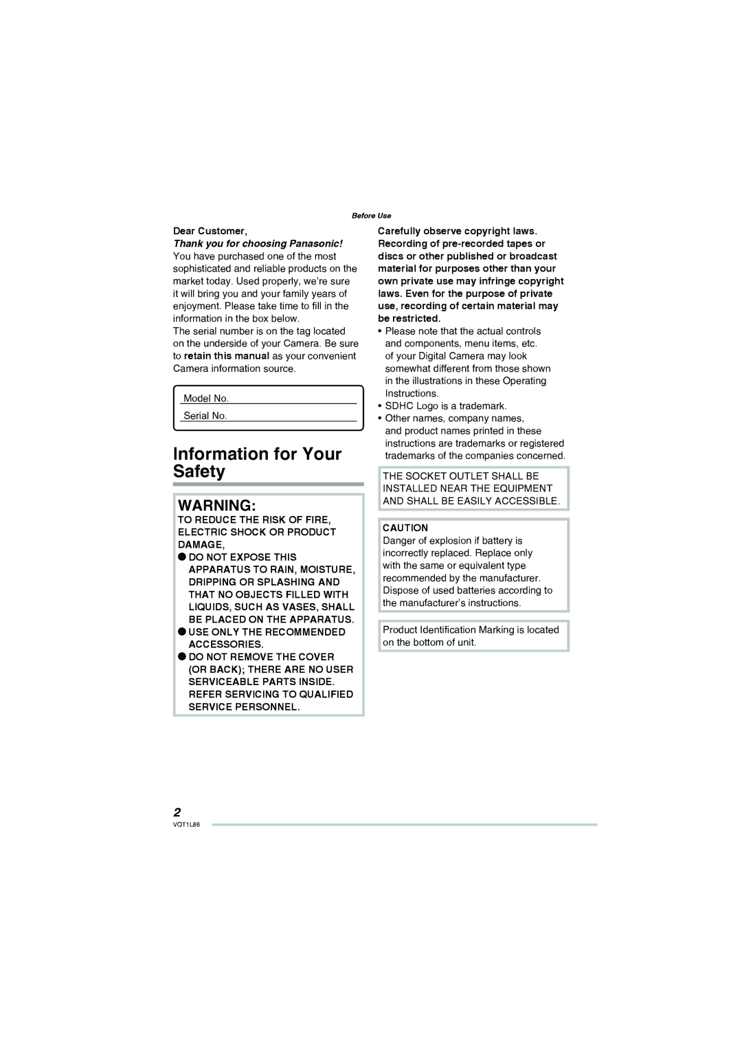 Panasonic DMC-LZ8, DMC-LZ10 operating instructions Information for Your Safety, Dear Customer 