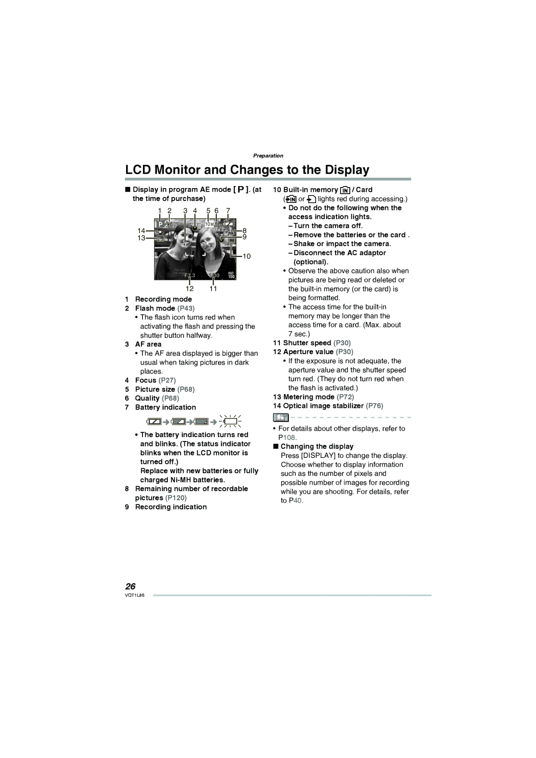 Panasonic DMC-LZ8, DMC-LZ10 operating instructions LCD Monitor and Changes to the Display 