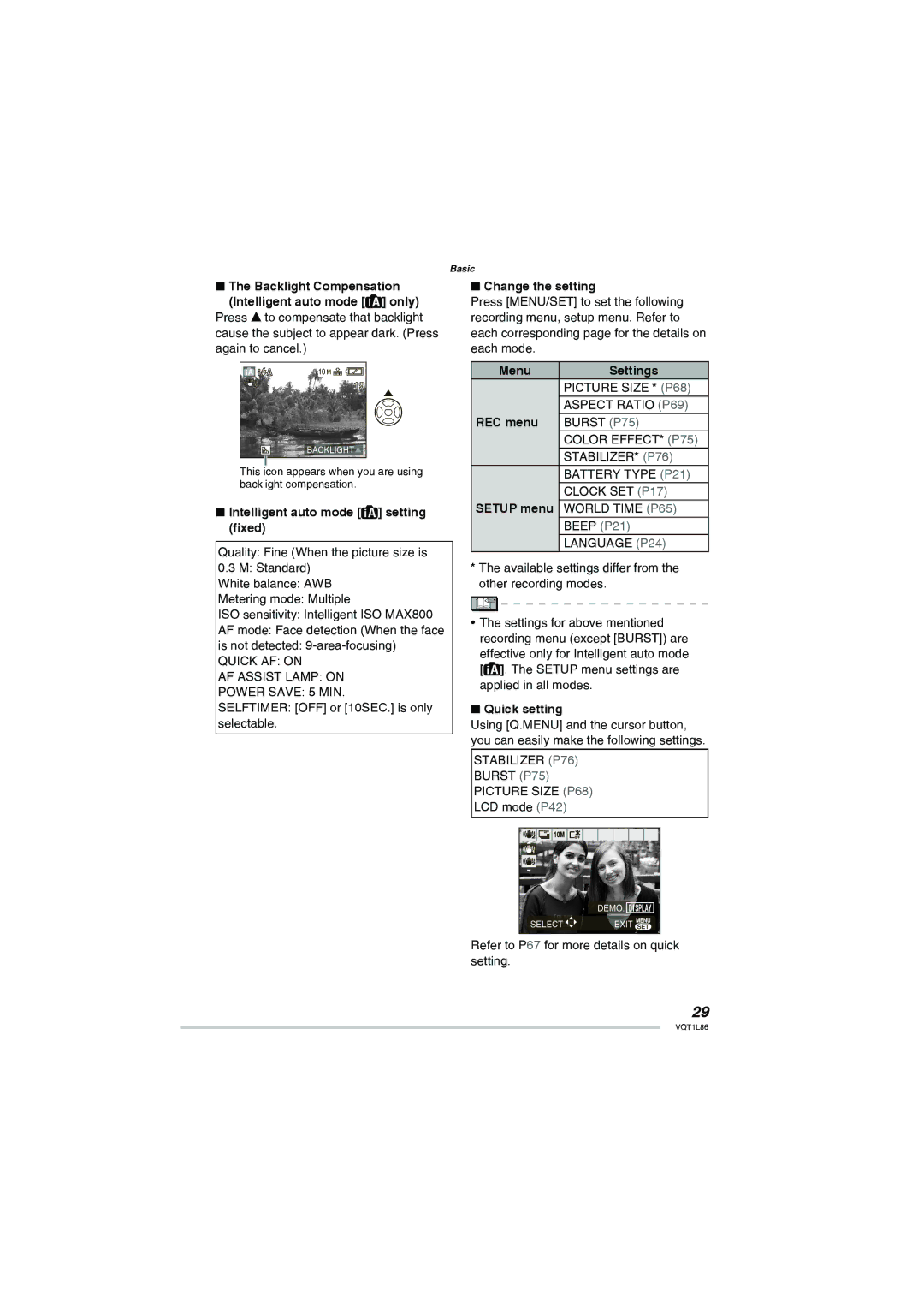 Panasonic DMC-LZ10, DMC-LZ8 Intelligent auto mode setting ﬁxed, Change the setting, Menu Settings, REC menu, Setup menu 