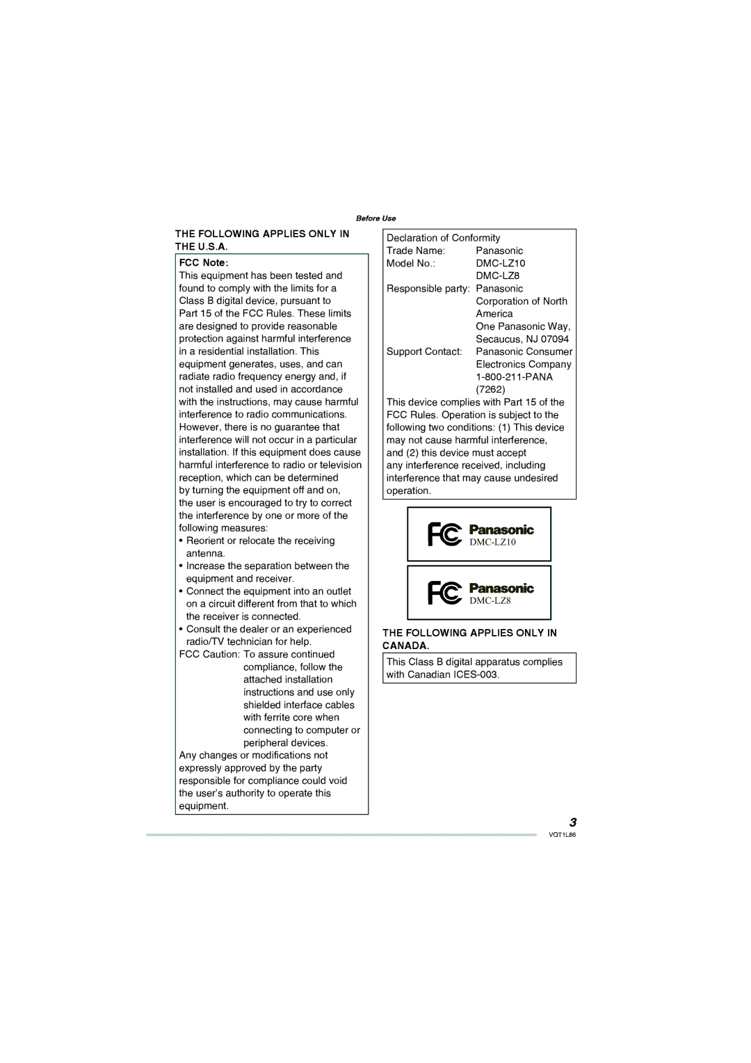 Panasonic DMC-LZ10 Following Applies only in the U.S.A, FCC Note, DMC-LZ8, Following Applies only in Canada 