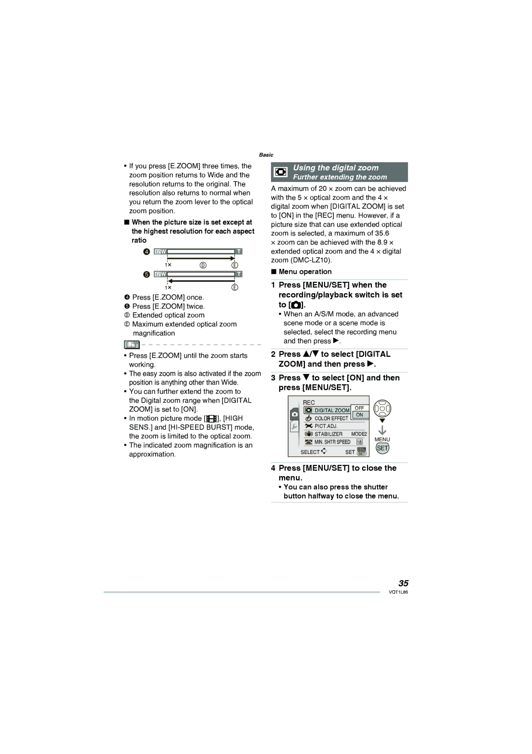 Panasonic DMC-LZ10 Using the digital zoom, Press MENU/SET when the recording/playback switch is set to, Menu operation 