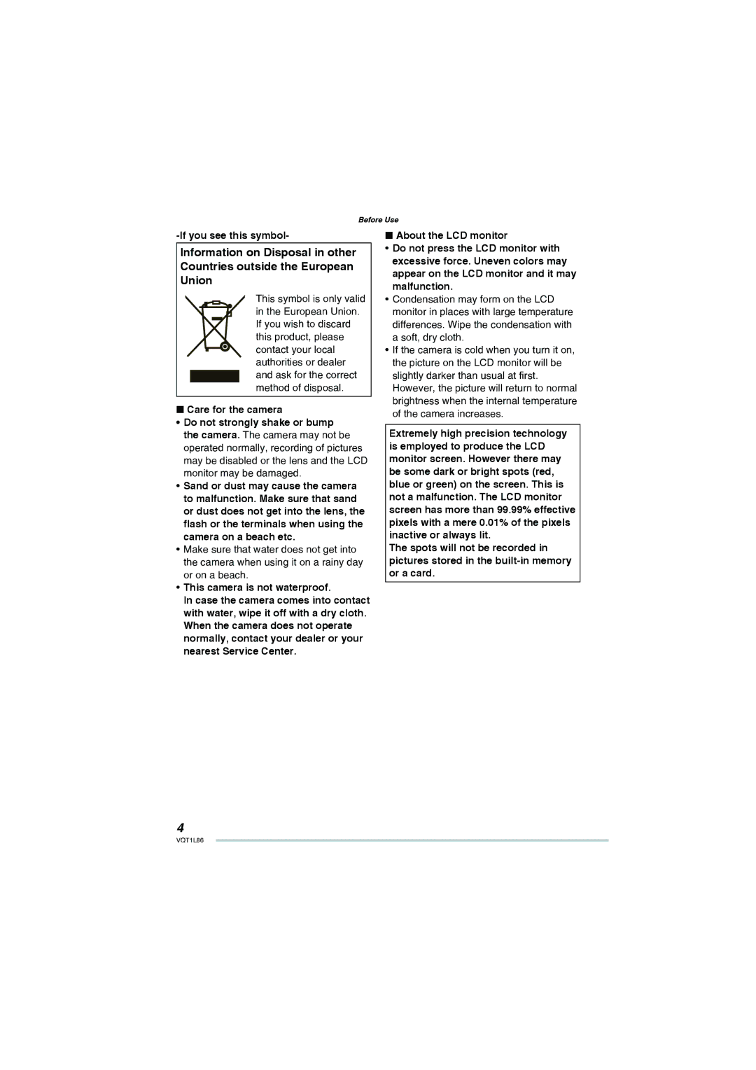 Panasonic DMC-LZ8, DMC-LZ10 operating instructions If you see this symbol, This camera is not waterproof 