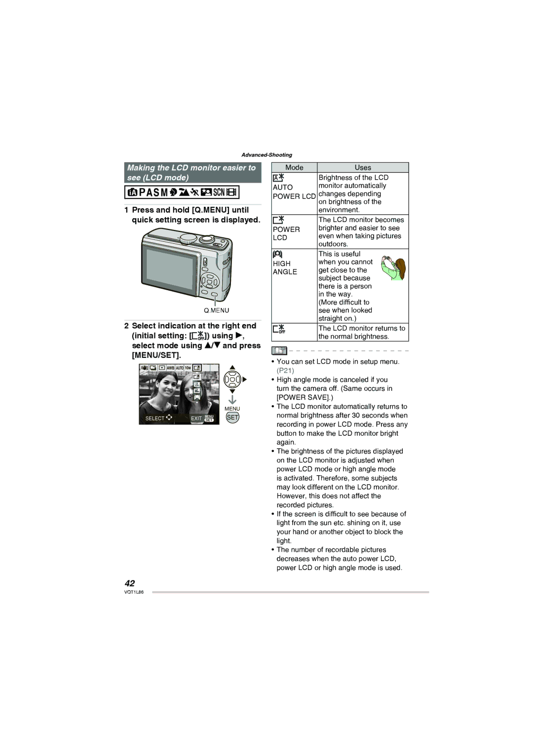 Panasonic DMC-LZ8, DMC-LZ10 operating instructions Making the LCD monitor easier to see LCD mode 