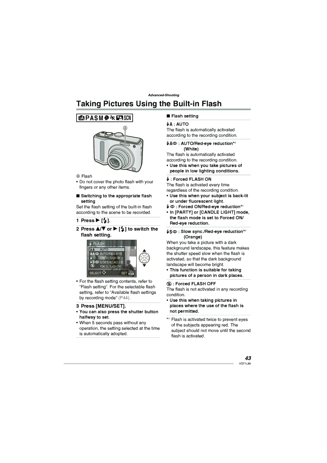 Panasonic DMC-LZ10, DMC-LZ8 Taking Pictures Using the Built-in Flash, Press q, Press e/r or q to switch the ﬂash setting 