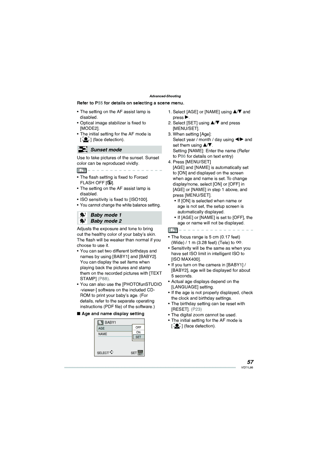 Panasonic DMC-LZ10, DMC-LZ8 operating instructions Sunset mode, Age and name display setting 