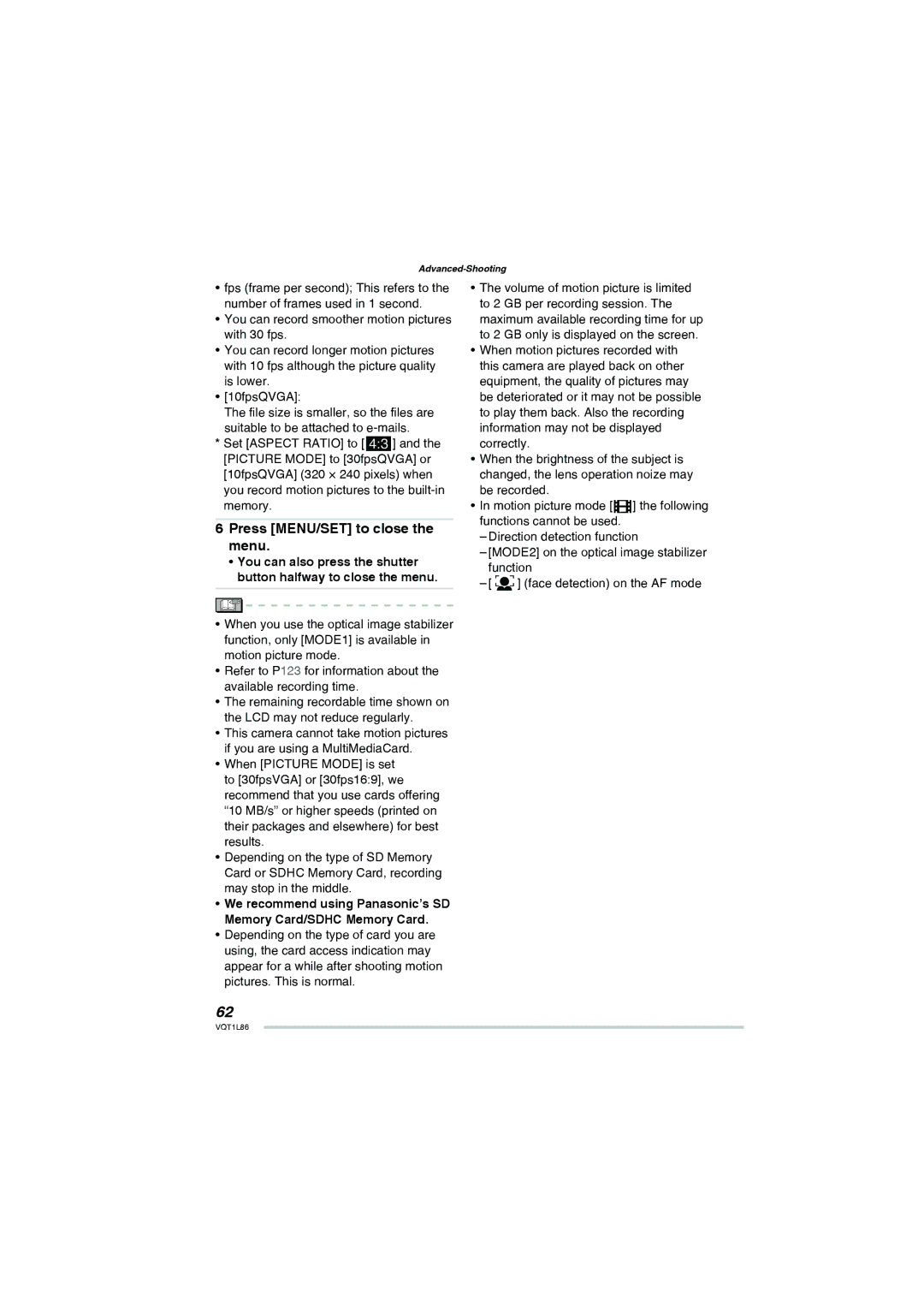 Panasonic DMC-LZ8, DMC-LZ10 operating instructions Press MENU/SET to close the menu 