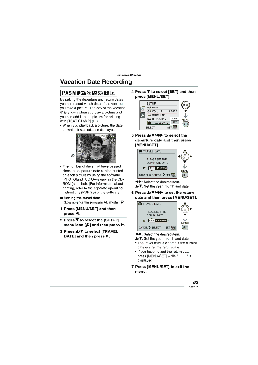 Panasonic DMC-LZ10 Vacation Date Recording, Press r to select SET and then press MENU/SET, Press MENU/SET to exit the menu 