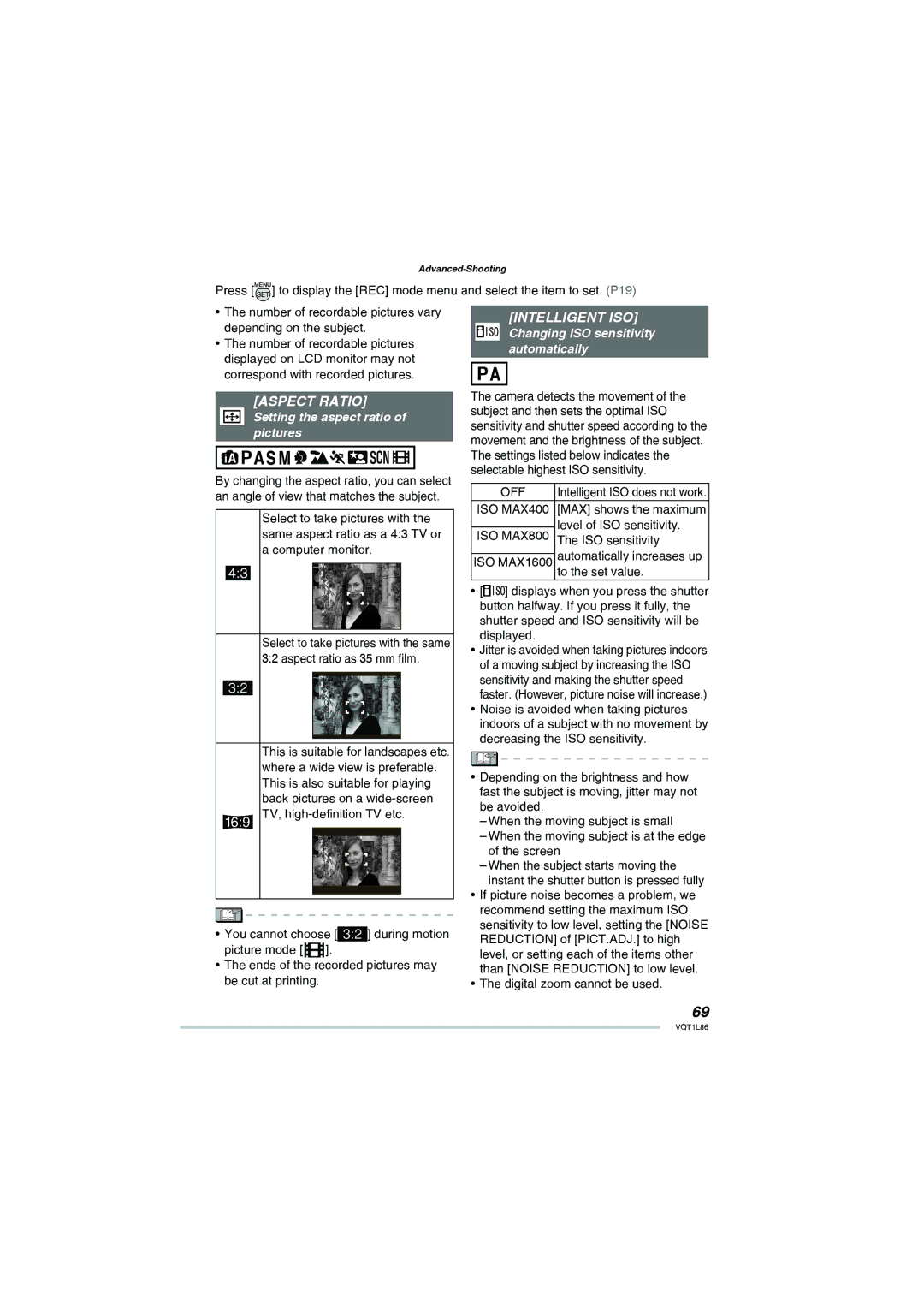 Panasonic DMC-LZ10, DMC-LZ8 Intelligent ISO, Aspect Ratio, Automatically, Setting the aspect ratio of pictures, Off 