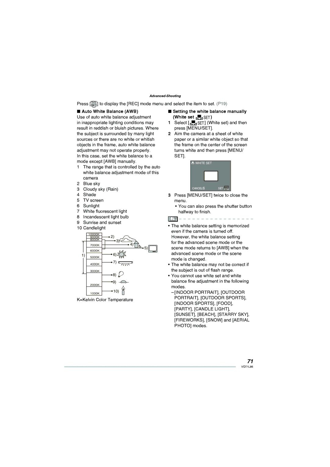 Panasonic DMC-LZ10, DMC-LZ8 operating instructions Auto White Balance AWB Setting the white balance manually, White set 