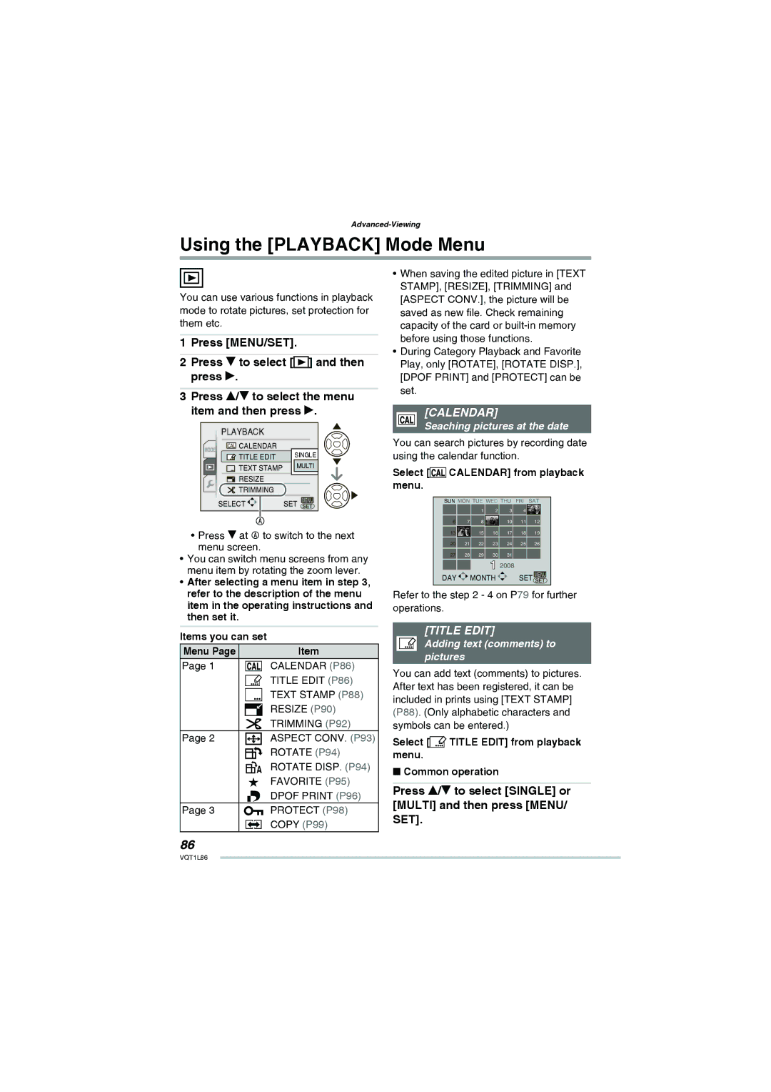 Panasonic DMC-LZ8, DMC-LZ10 Using the Playback Mode Menu, Calendar, Title Edit, Seaching pictures at the date 