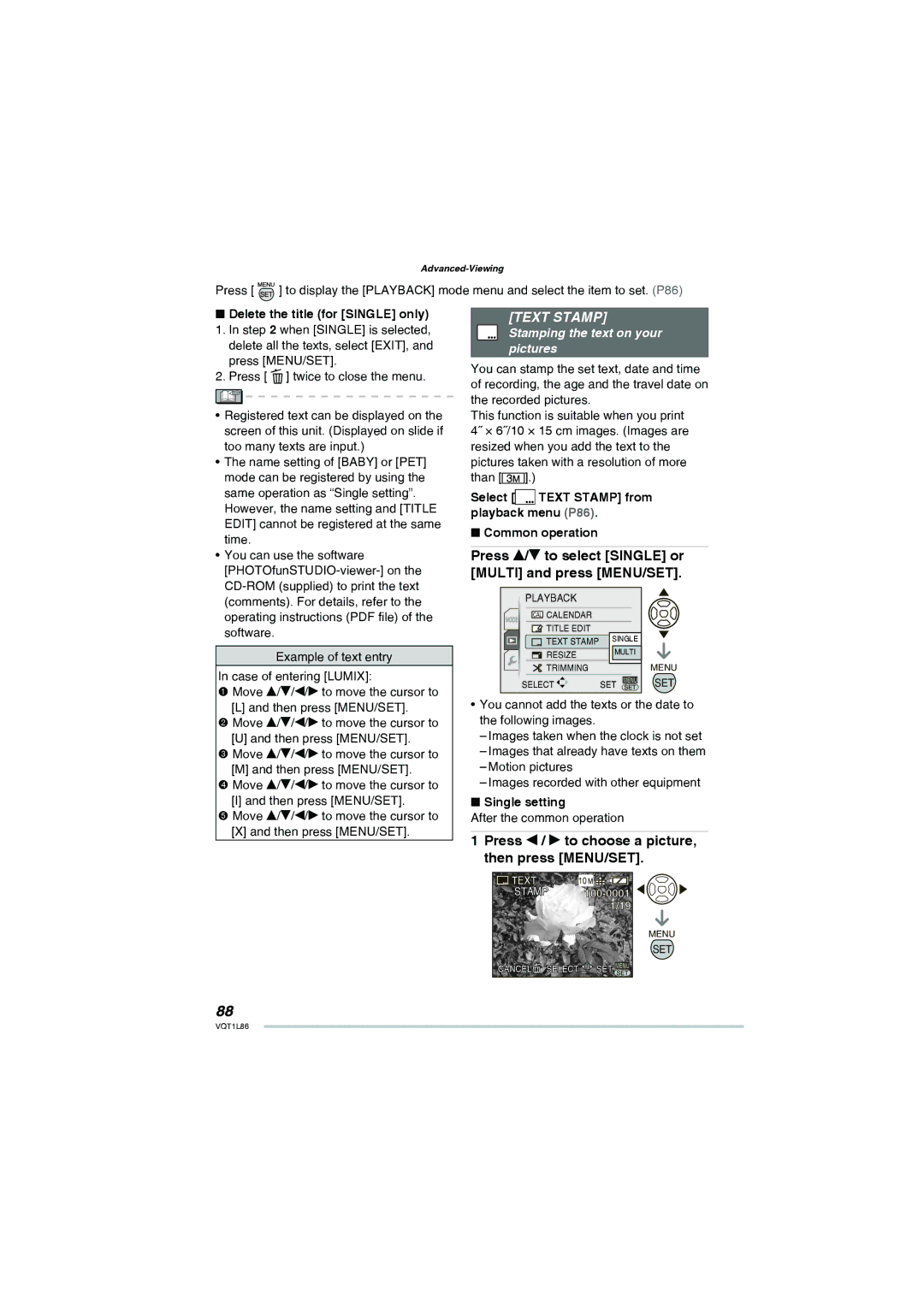 Panasonic DMC-LZ8 Text Stamp, Press e/r to select Single or, Multi and press MENU/SET, Press w / q to choose a picture 