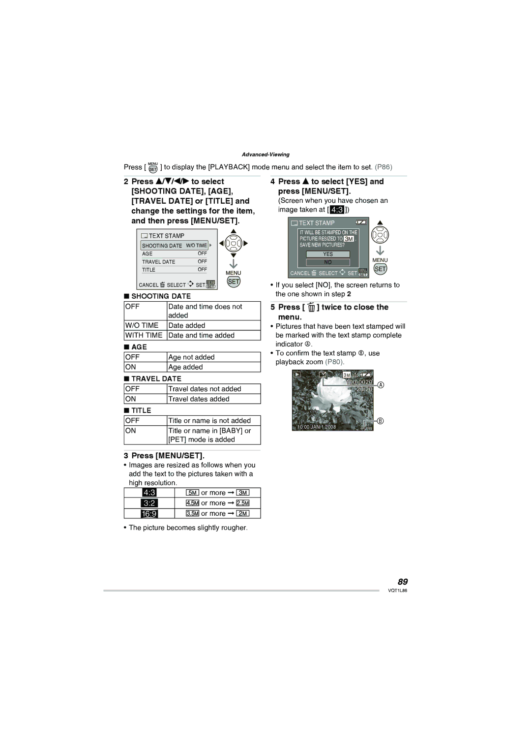 Panasonic DMC-LZ10, DMC-LZ8 Press e to select YES and press MENU/SET, Shooting Date, Age, Travel Date, Title 