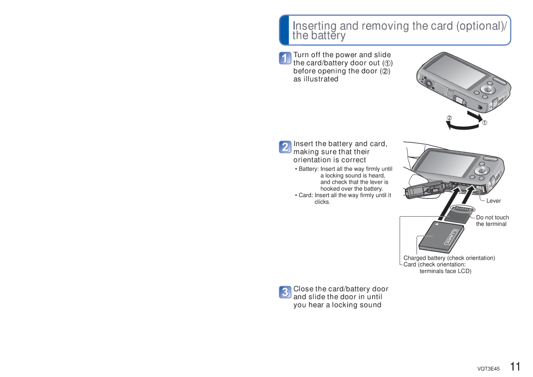 Panasonic DMC-S1K owner manual Inserting and removing the card optional/ the battery 