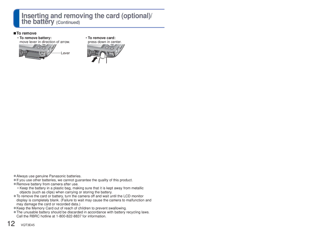 Panasonic DMC-S1K owner manual Battery, To remove card 