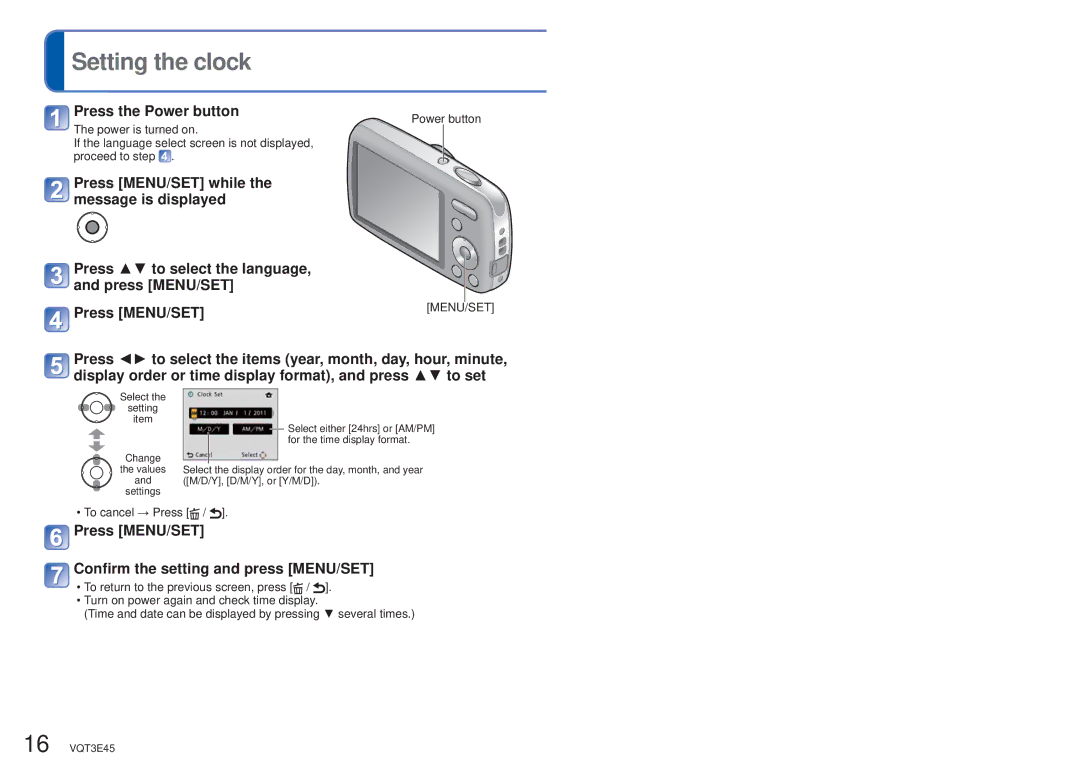 Panasonic DMC-S1K Setting the clock, Press the Power button, Press MENU/SET Confirm the setting and press MENU/SET 