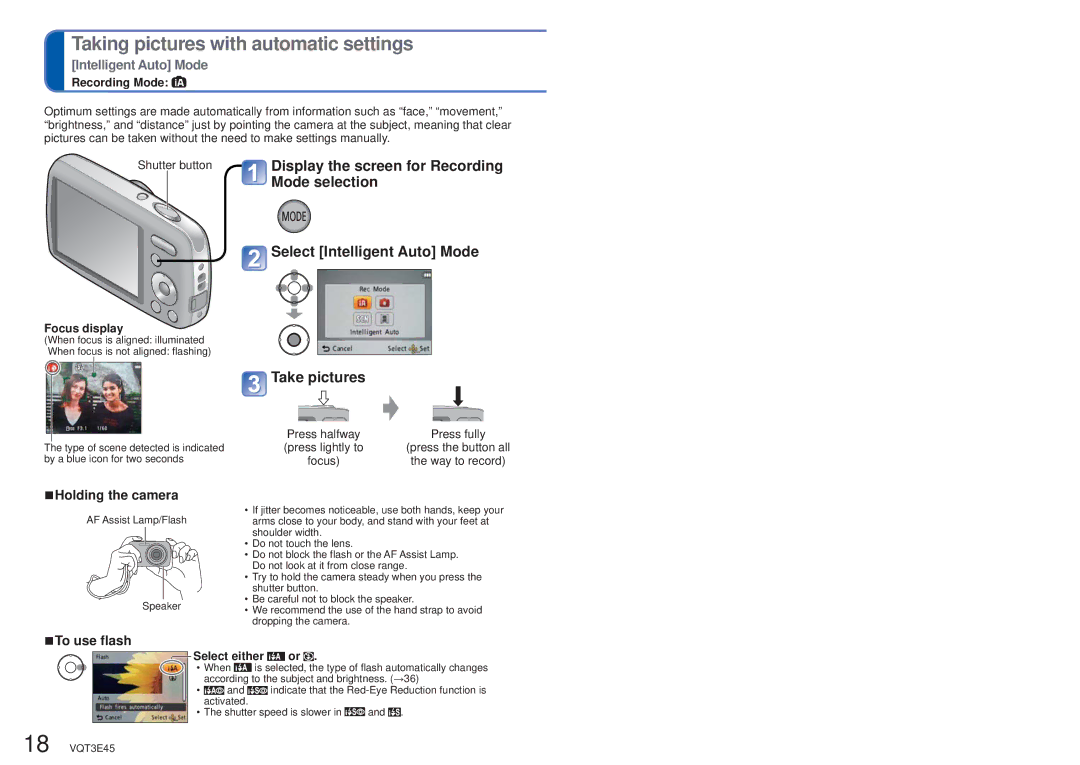 Panasonic DMC-S1K owner manual Holding the camera, To use flash, Recording Mode, Focus display, Select either or 