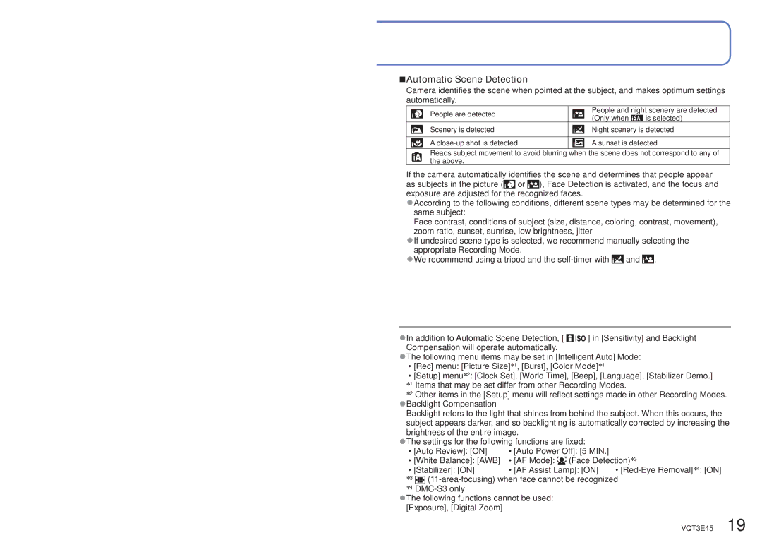 Panasonic DMC-S1K owner manual Automatic Scene Detection 