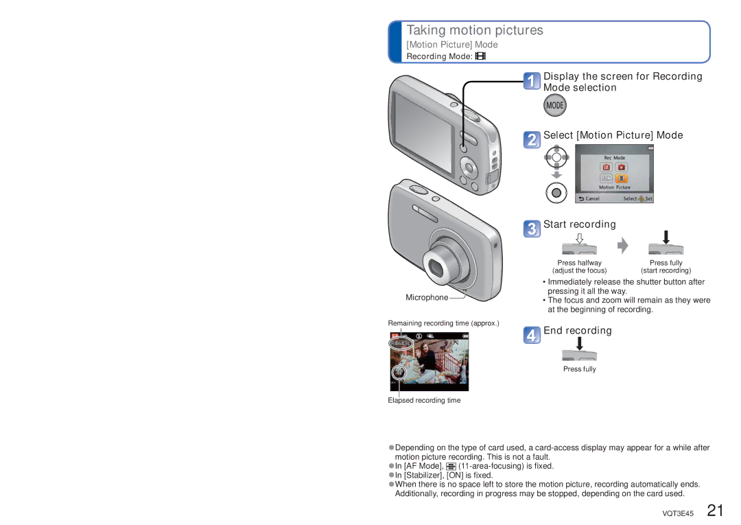 Panasonic DMC-S1K owner manual Taking motion pictures, End recording 