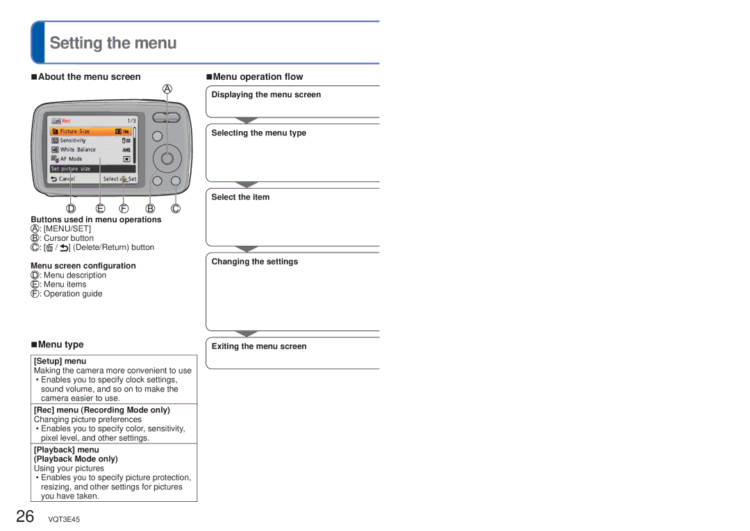 Panasonic DMC-S1K owner manual Setting the menu, About the menu screen, Menu type, Menu operation flow 