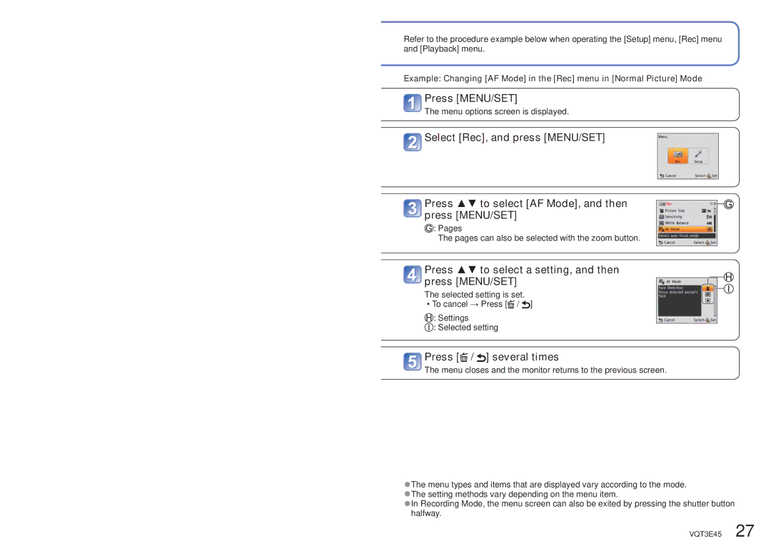 Panasonic DMC-S1K owner manual Press MENU/SET, Press to select a setting, and then press MENU/SET, Press / several times 