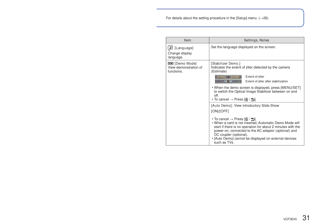 Panasonic DMC-S1K owner manual Language, Demo Mode Stabilizer Demo, On/Off 