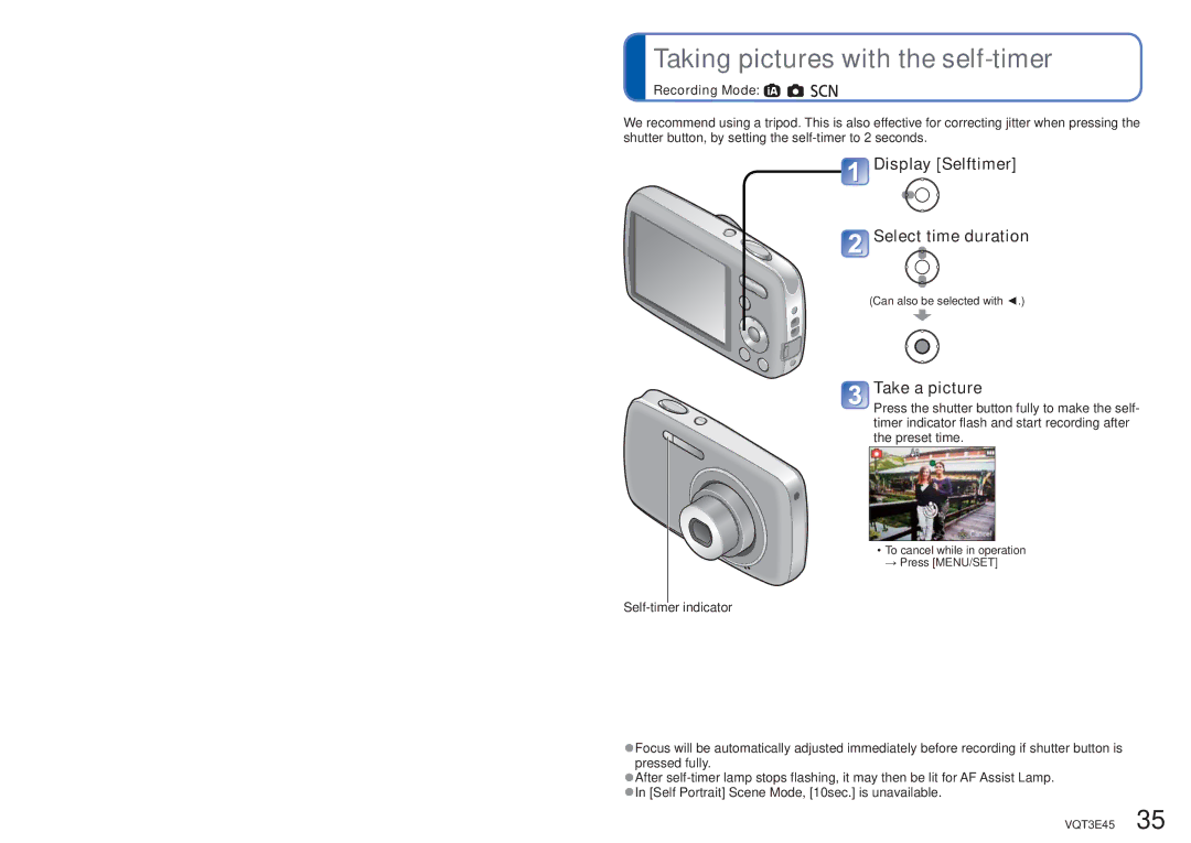 Panasonic DMC-S1K owner manual Taking pictures with the self-timer, Display Selftimer Select time duration 