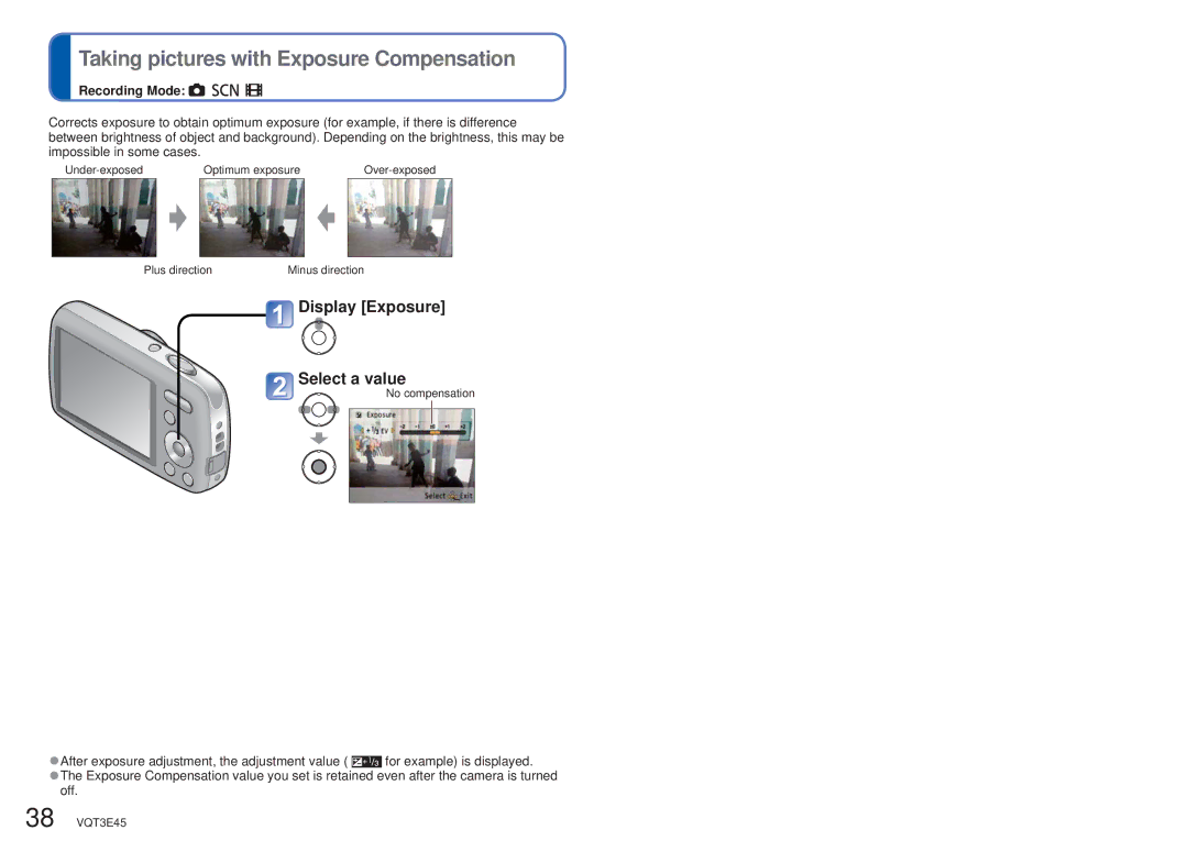 Panasonic DMC-S1K owner manual Taking pictures with Exposure Compensation, Display Exposure Select a value 