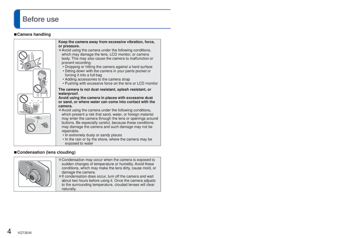 Panasonic DMC-S1K owner manual Before use, Camera handling, Condensation lens clouding 