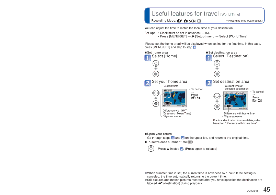 Panasonic DMC-S1K owner manual Useful features for travel World Time, Select Home Select Destination Set your home area 