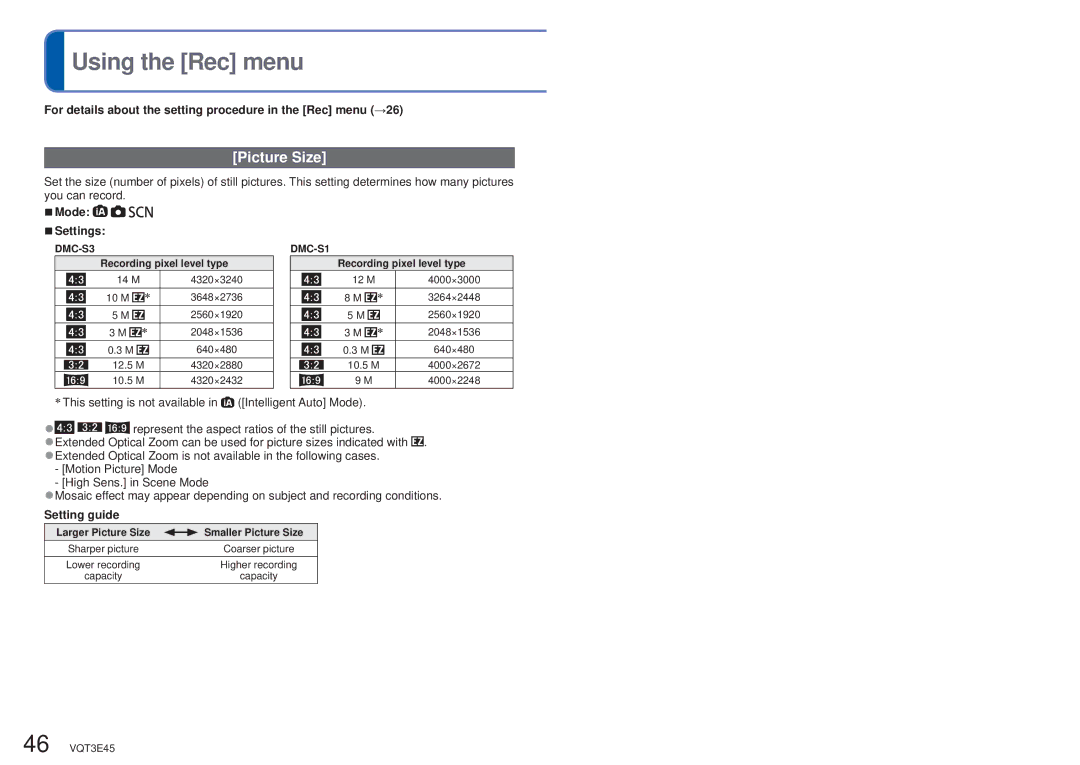 Panasonic DMC-S1K Using the Rec menu, Picture Size, For details about the setting procedure in the Rec menu →26 