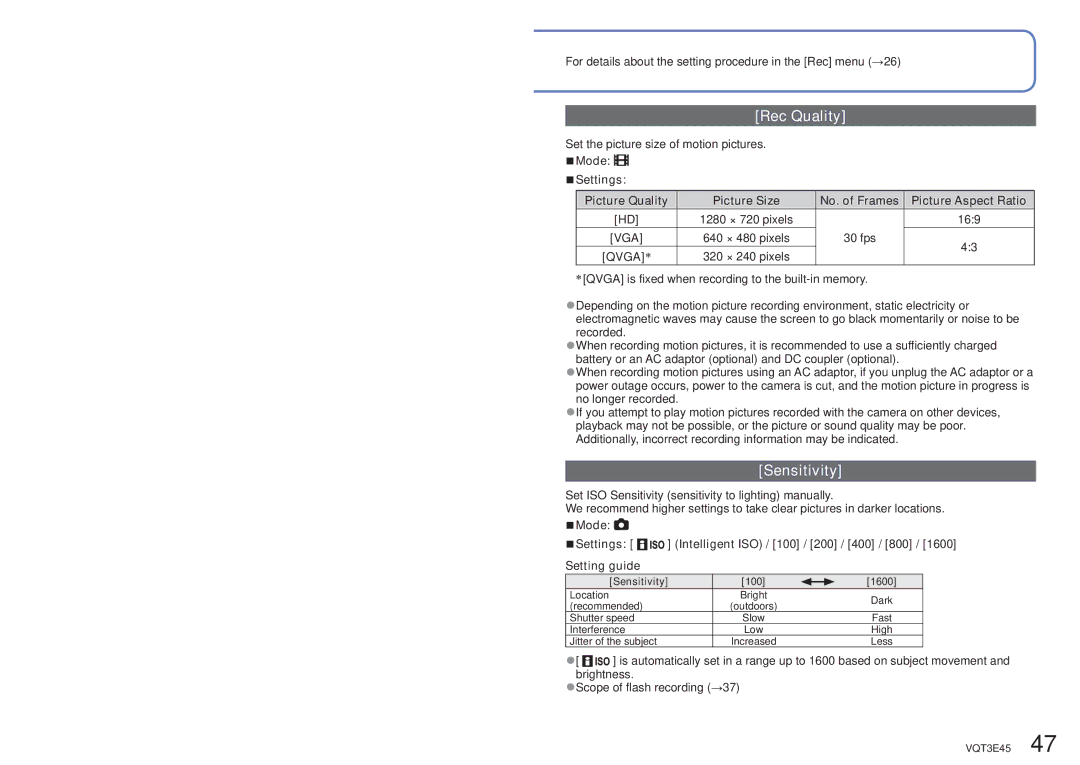 Panasonic DMC-S1K owner manual Rec Quality, Mode Settings Picture Quality Picture Size, Qvga ∗, Sensitivity 100 1600 