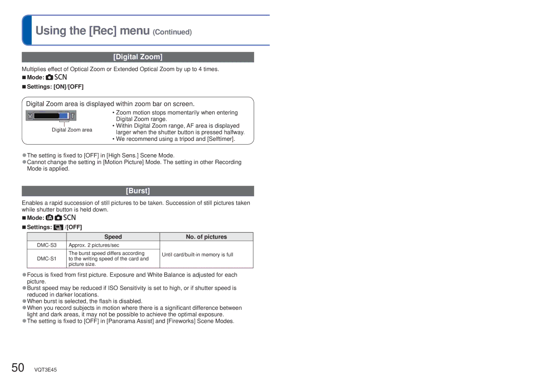 Panasonic DMC-S1K owner manual Digital Zoom, Burst, Mode Settings ON/OFF, Mode Settings /OFF Speed No. of pictures 