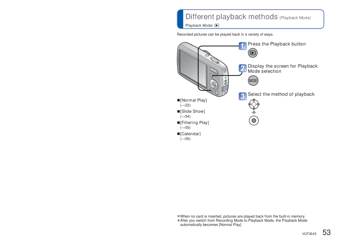 Panasonic DMC-S1K owner manual Different playback methods Playback Mode, Normal Play, Slide Show, Filtering Play, Calendar 