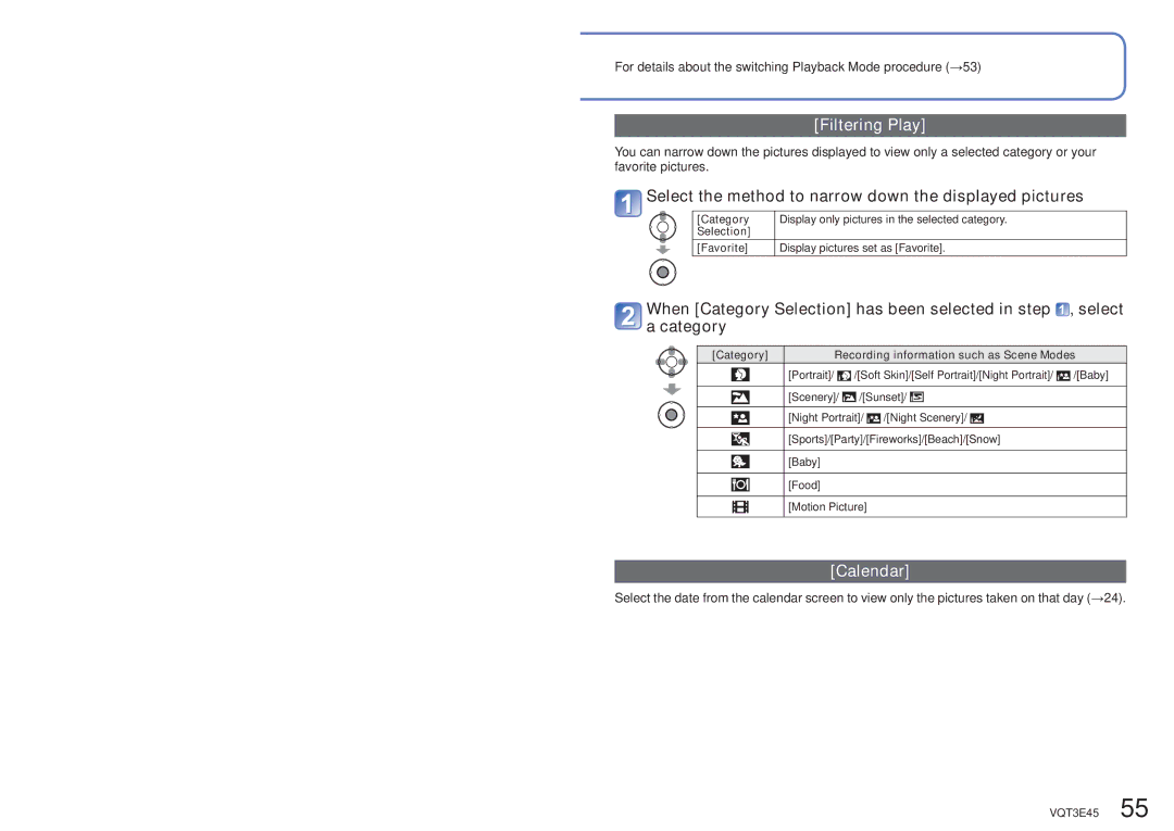 Panasonic DMC-S1K owner manual Filtering Play, Select the method to narrow down the displayed pictures, Calendar 