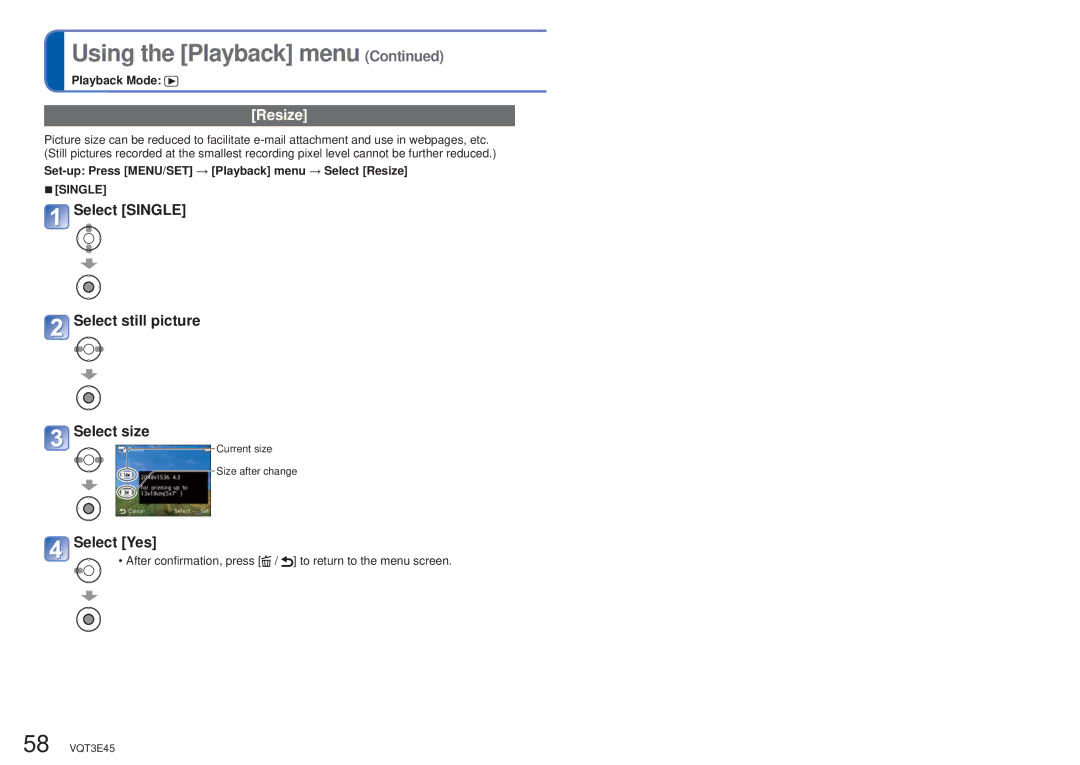 Panasonic DMC-S1K owner manual Resize, Select Single Select still picture, Select size 